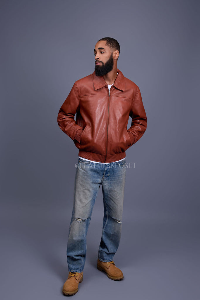 Men's Classic Baseball Leather Jacket With Collar [Rust