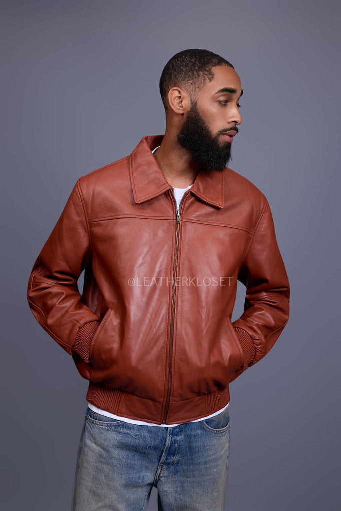 Men's Classic Baseball Leather Jacket With Collar [Rust