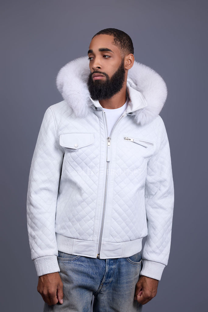DeuxiemeClasse★BLANCHA shearling bomber★ Men's Franklin Quilted Leather Bomber Jacket With Fox Hood [White