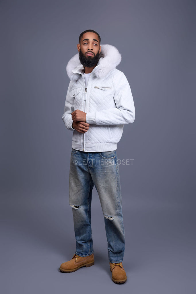 Men's Franklin Quilted Leather Bomber Jacket With Fox Hood [White