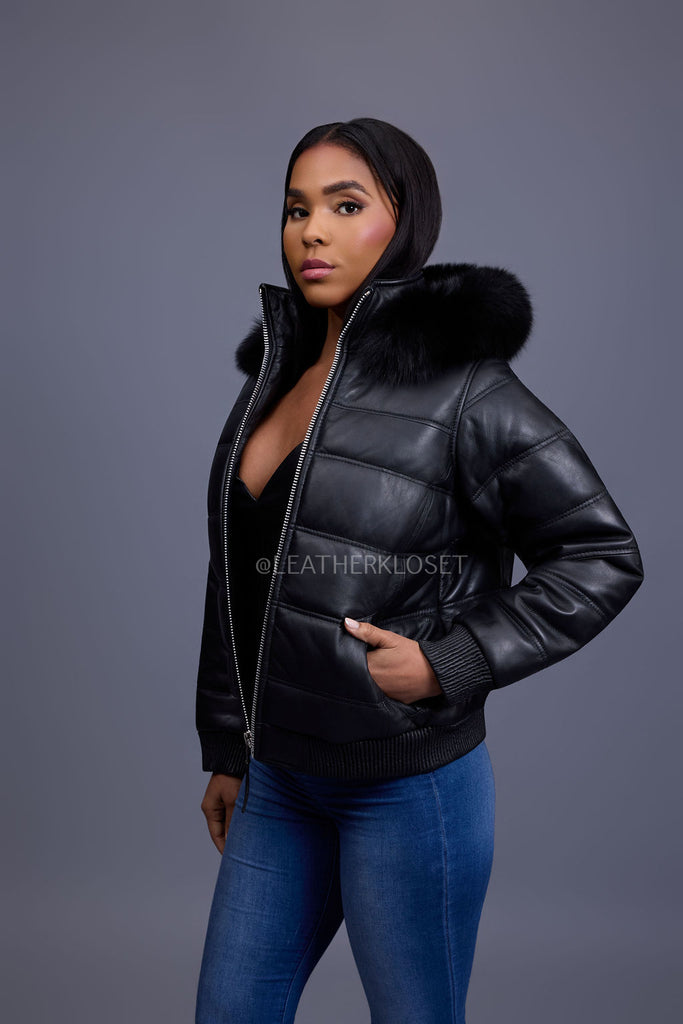 Women's Leather Snorkel Bomber Jacket [Black] – LeatherKloset