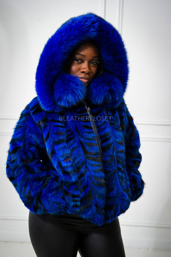 Women's Leilani Mink Bomber With Hood [Blue] – LeatherKloset