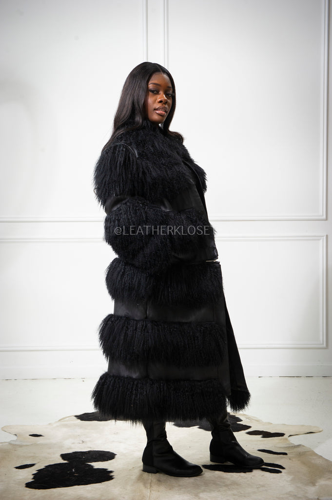 Women's Leather And Mongolian Lamb Fur Convertible Coat [Black