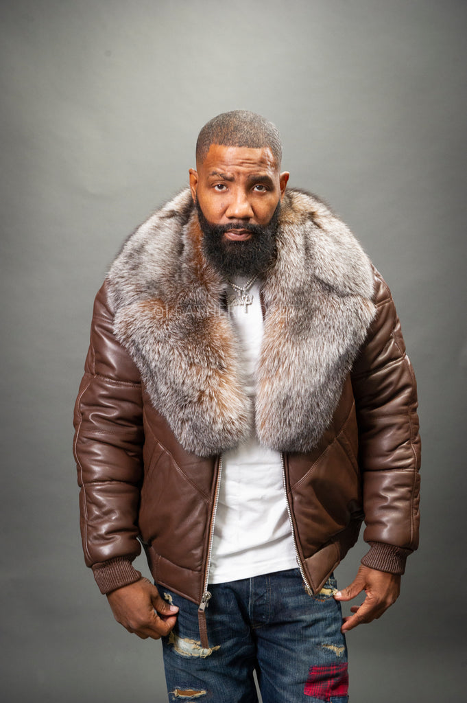 V-Bomber Leather Premium Full Fox Fur Collar [Chocolate
