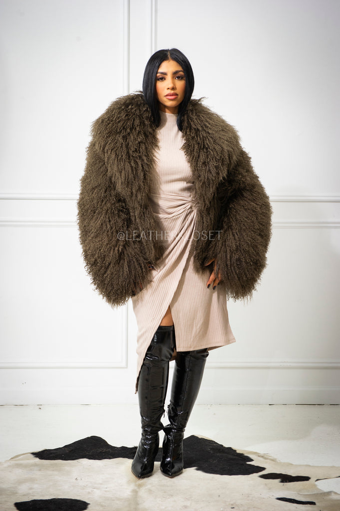 Women's Celia Mongolian Fur Jacket [Olive] – LeatherKloset