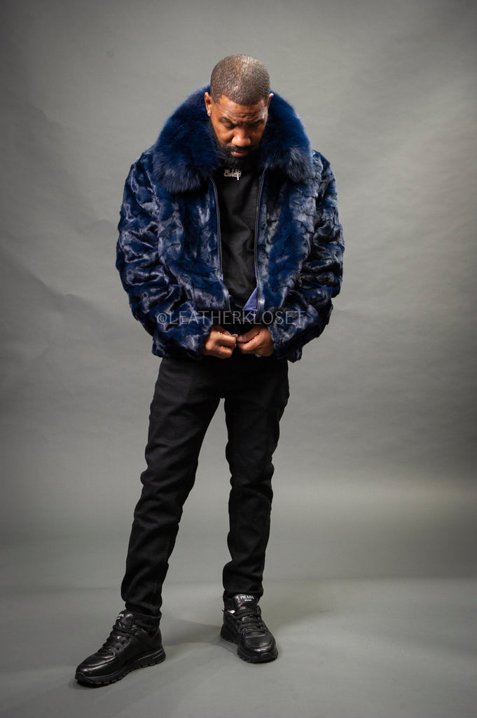 Men's Mink with Fox Fur Bomber Jacket [Navy Blue] – LeatherKloset