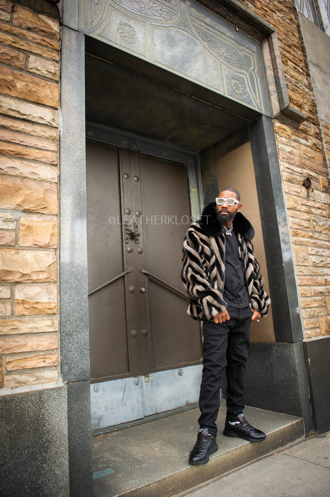 Men's Mink Bomber Jacket Herringbone [Black/Grey] – LeatherKloset