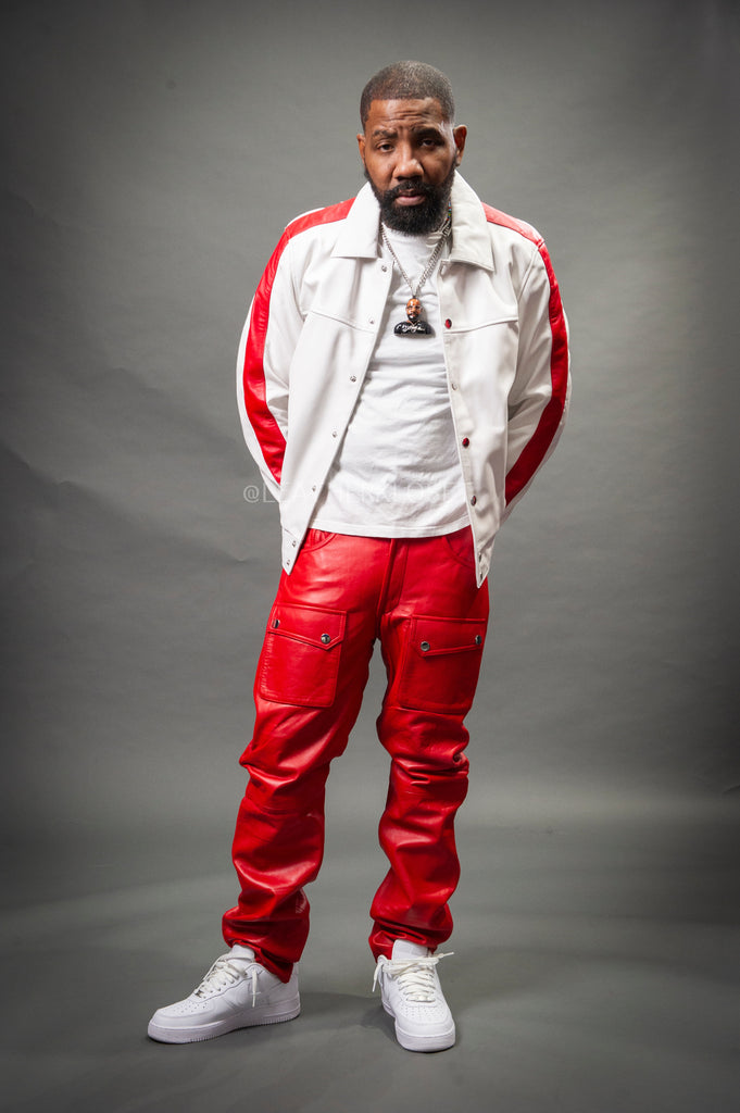 Men's Leather Track Jacket And Pants Set [White/Red] – LeatherKloset