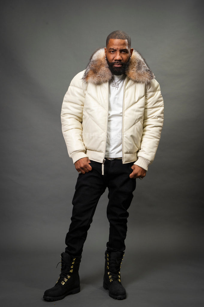 Men's V-Bomber Beige Premium Fox Collar [Beige] – LeatherKloset