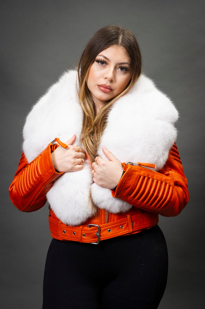 Women's Trey Biker Orange Oversized Fox Collar [Pure White Fox