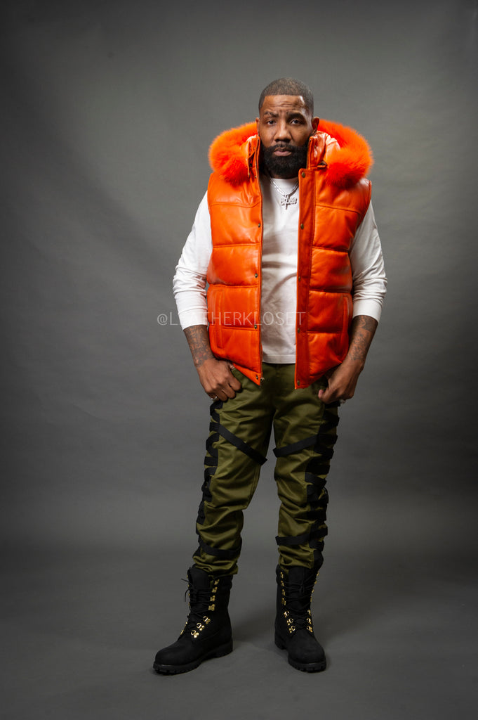 トップス NUTEMPEROR PU LEATHER PUFFER DOWN VEST Men's Leather Bubble Vest With Fox Fur Hood [Orange] – LeatherKloset