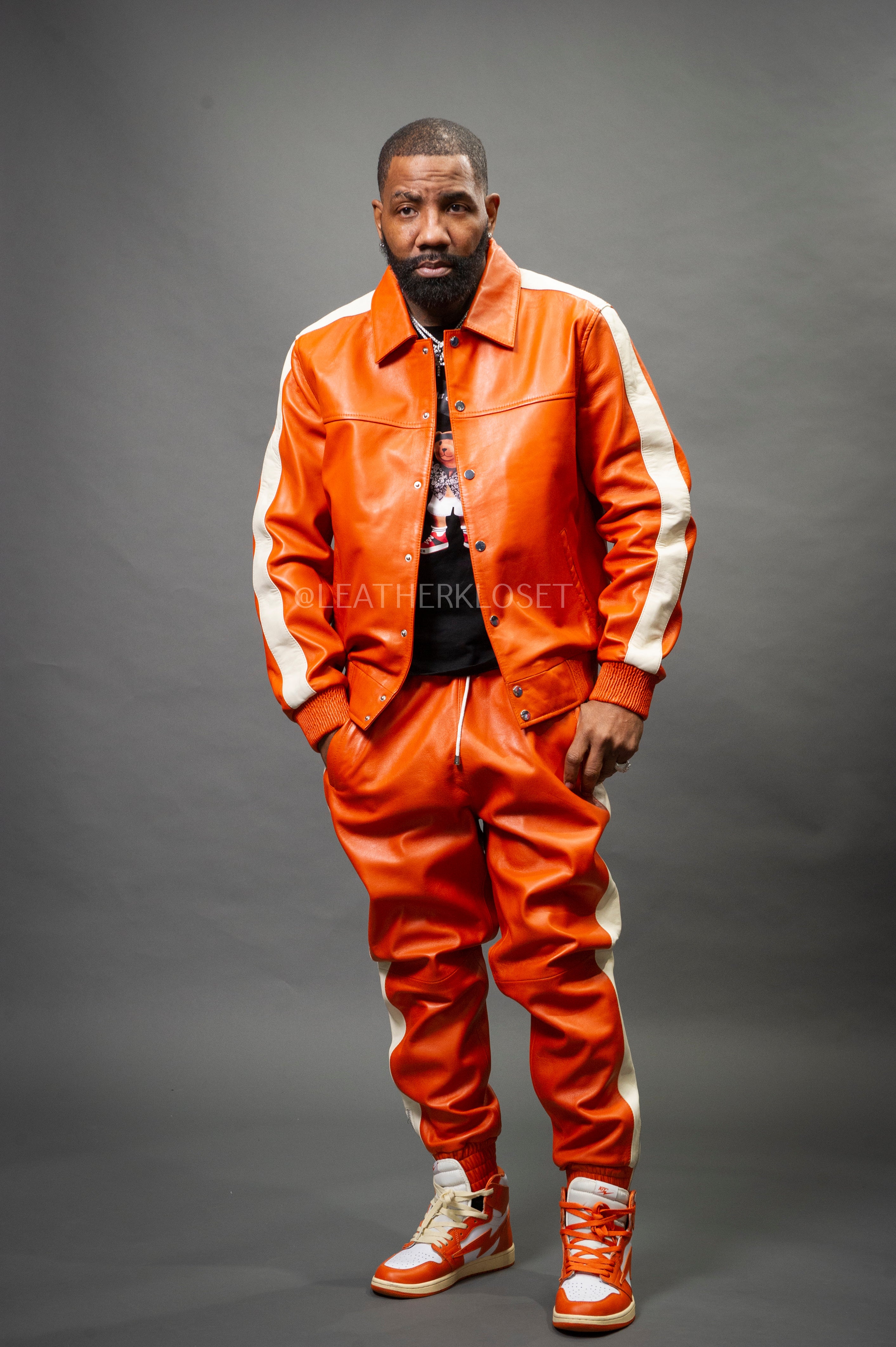 Men's Leather Track Suit Sweatsuit [Orange/Beige] – LeatherKloset