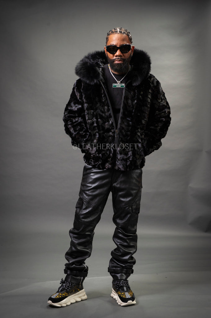 Men's Mink Bomber Jacket With Attached Hood [Black Men's Mink Bomber Jacket With Attached Hood [Black