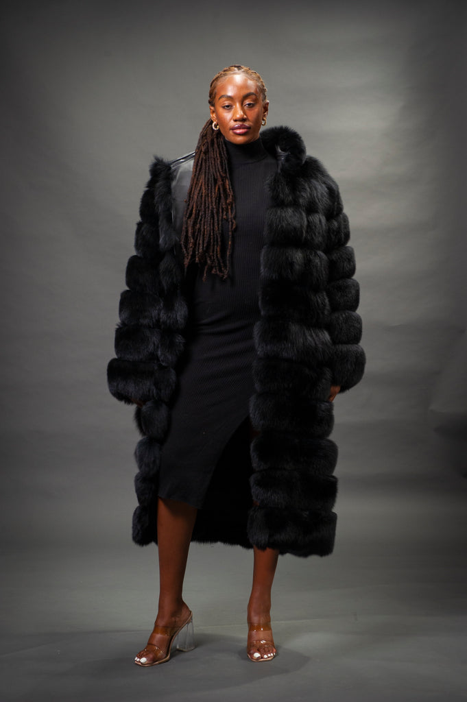 Women's Full Length Convertible Fox Trench Coat [Black