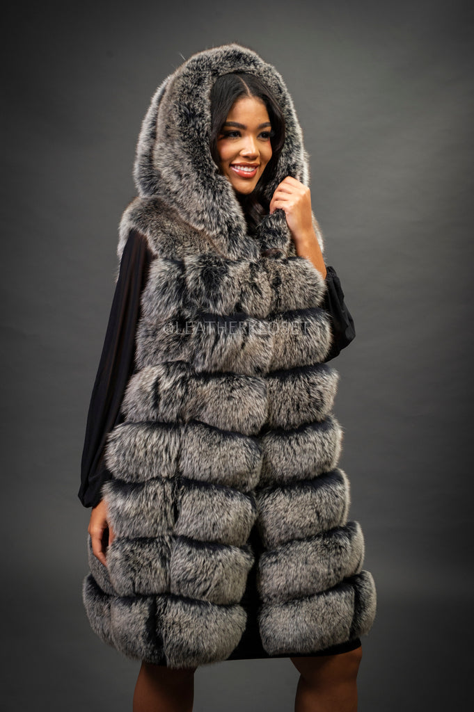 Women's Mia Fox Fur Vest With Hood [Grey Frost] – LeatherKloset