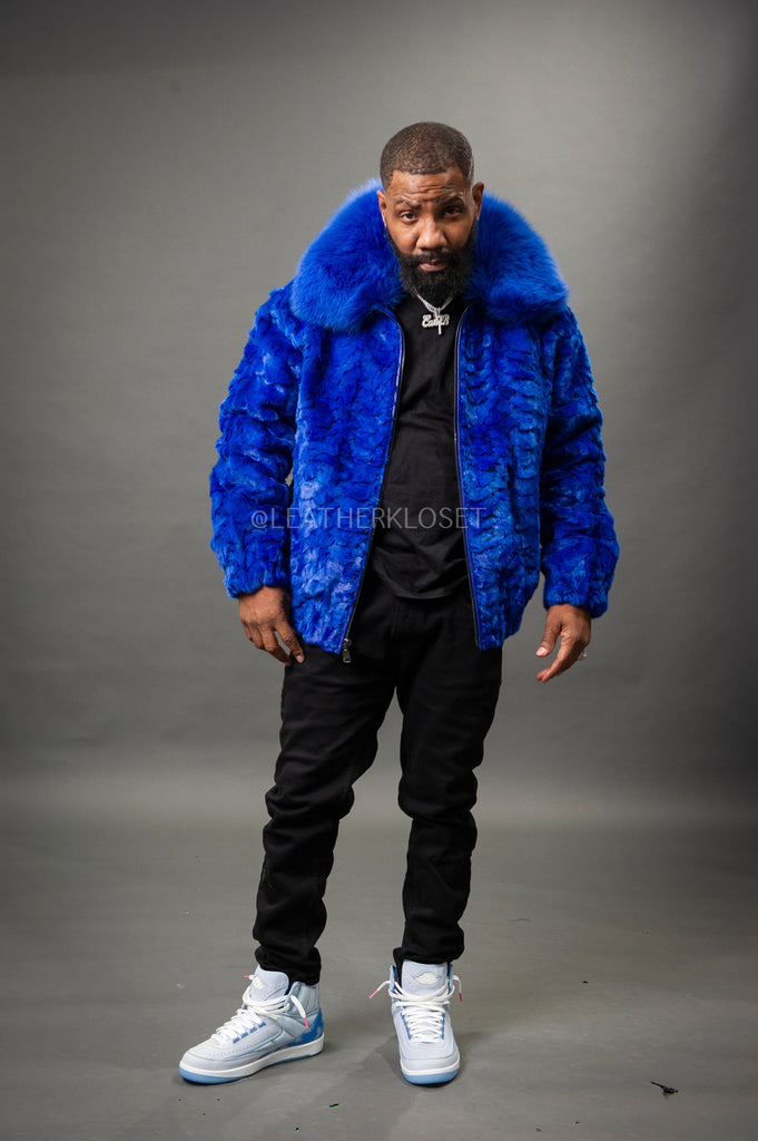 Men's Mink with Fox Fur Bomber Jacket [Royal Blue] – LeatherKloset