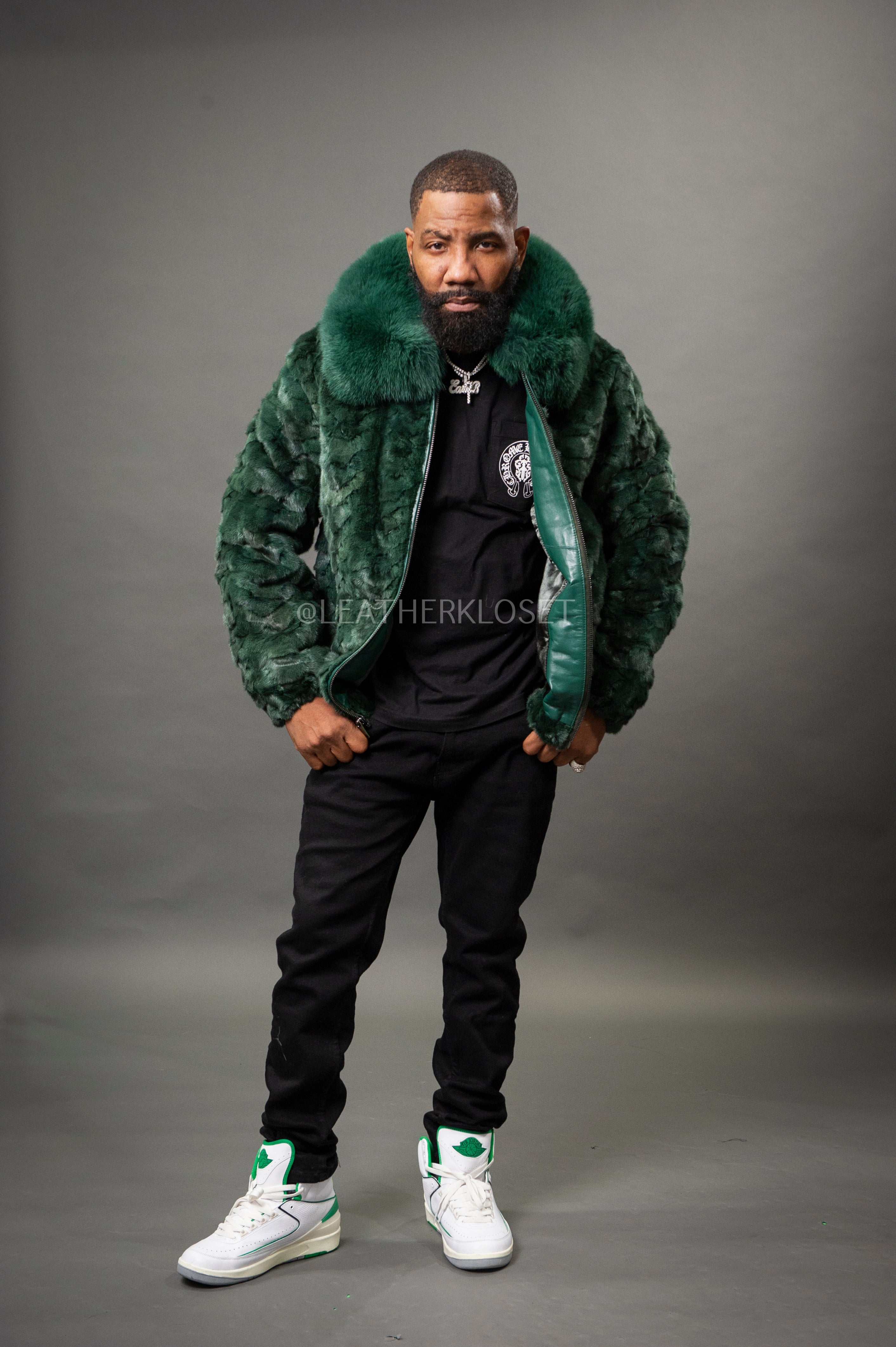 Men's Mink with Fox Fur Bomber Jacket [Green] – LeatherKloset