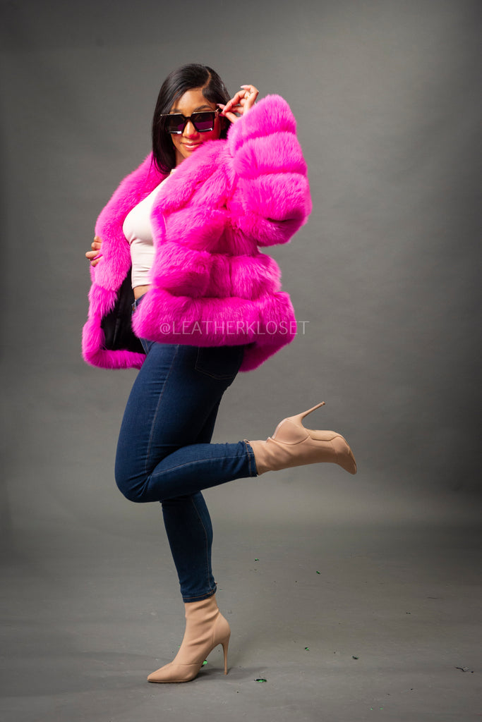 Women's Ingrid Fox Jacket With Shawl Collar [Pink] – LeatherKloset