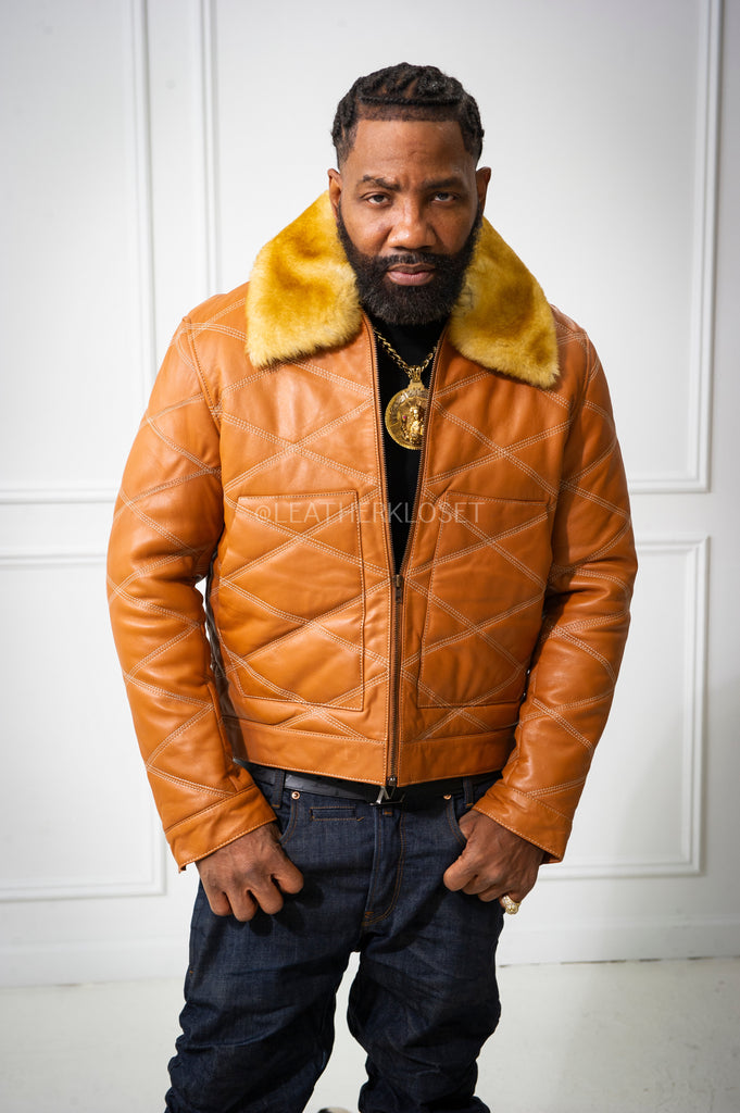 Men's Australian Quilted Leather Bomber Jacket [Saddle Brown
