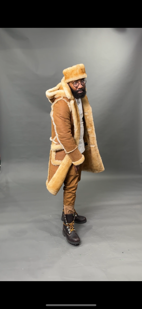 Men's Davey Crockett Sheepskin Shearling Coat With Headband [Tan
