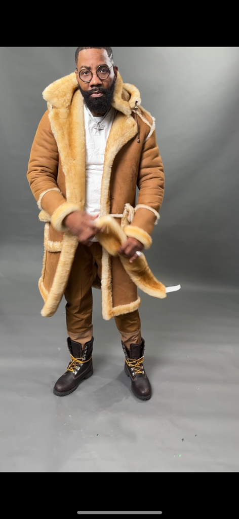 Men's Davey Crockett Sheepskin Shearling Coat With Headband [Tan