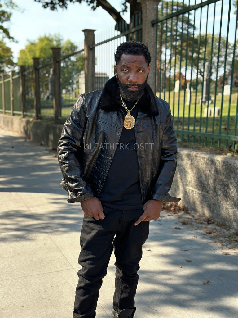 Men's Teddy Croco Stamped Leather Jacket [Black] – LeatherKloset