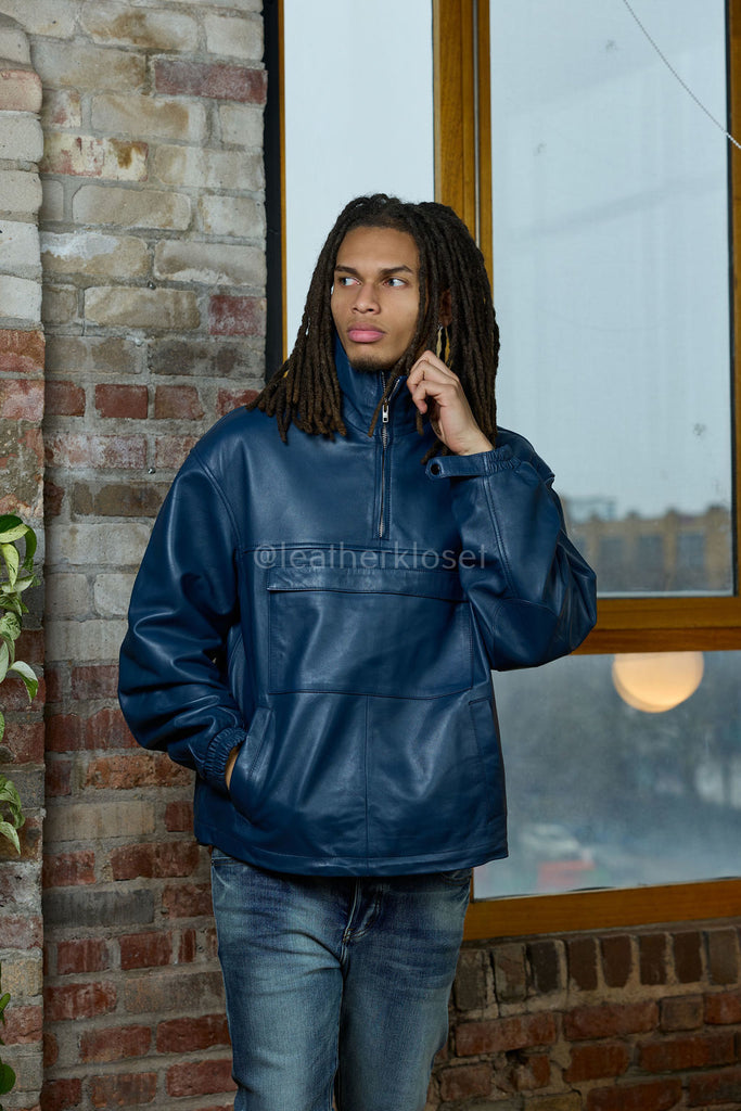 Men's Navy Leather Half-Zip Pullover | LeatherKloset
