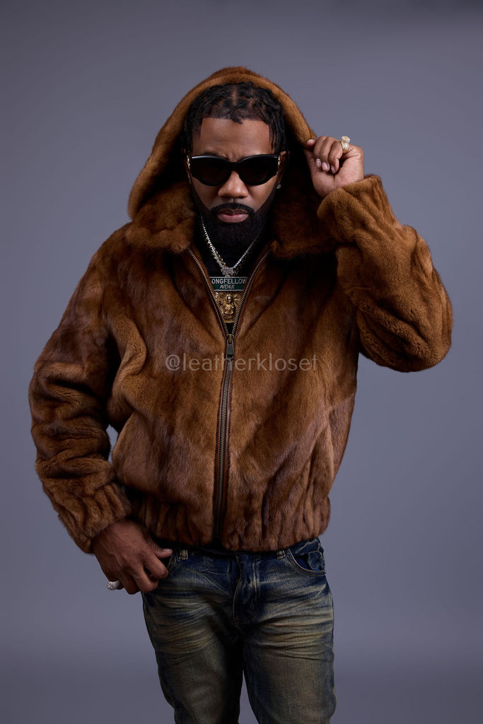 Men's Full-Skin Mink Bomber Jacket With Removable Hood [Whiskey