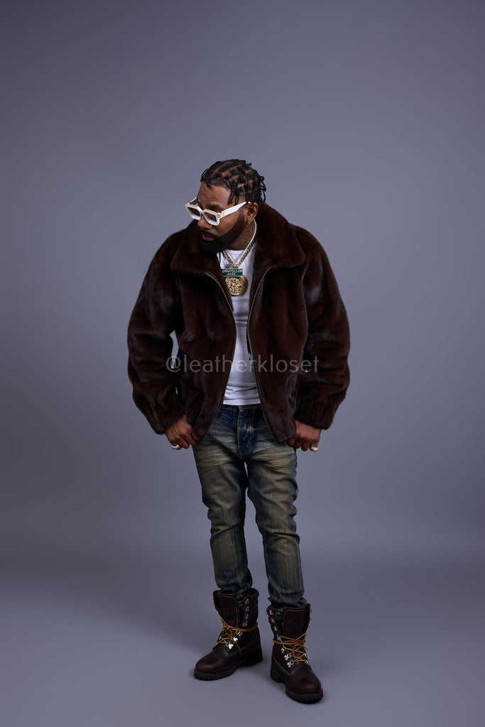 Men's Full-Skin Mink Bomber Jacket With Removable Hood [Chocolate