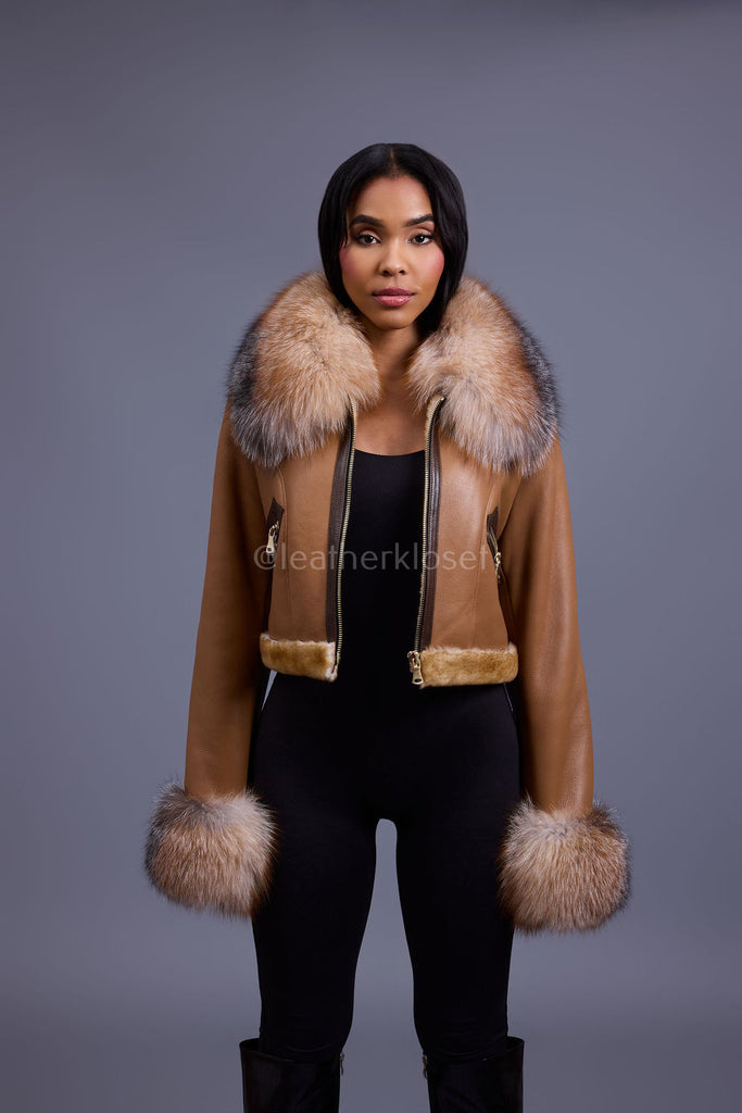 Women's Aurora Crop Sheepskin Jacket With Fox [Whiskey Napa