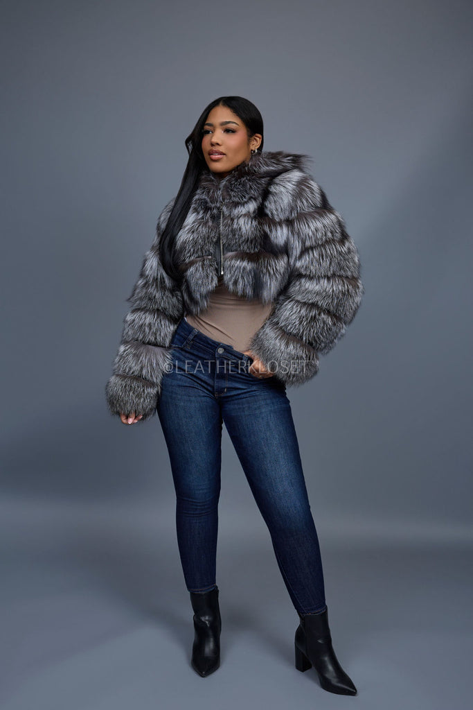 Women's Crop Fox Bomber With Hood [Silver] – LeatherKloset
