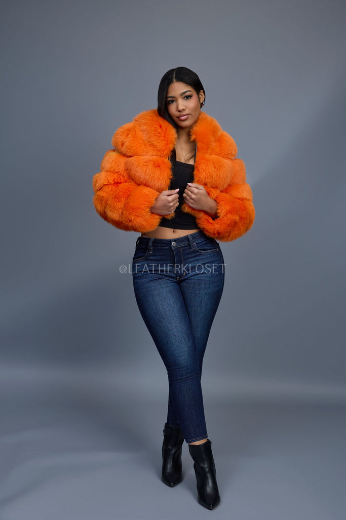 Women's Crop Fox Bomber With Hood [Bright Orange] – LeatherKloset