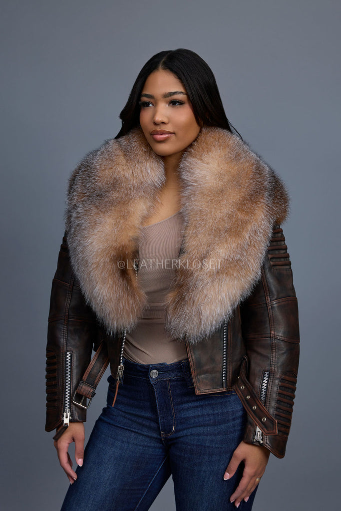 Women's Trey Biker Brown Copper Oversized Fox Collar [Crystal