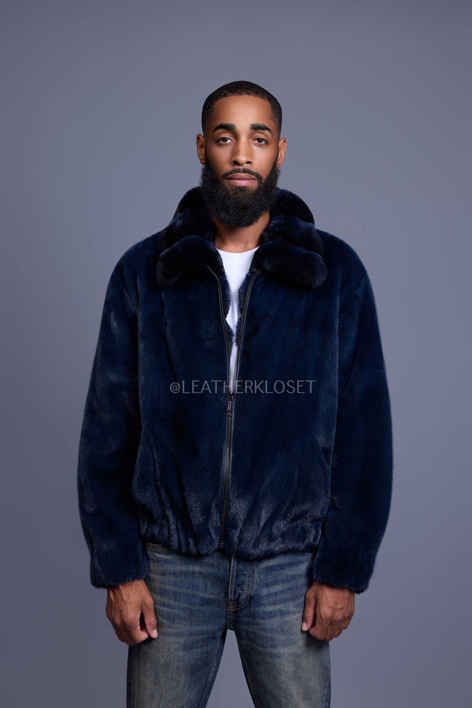 Men's Mink Bomber Jacket With Chinchilla Collar [Navy] – LeatherKloset