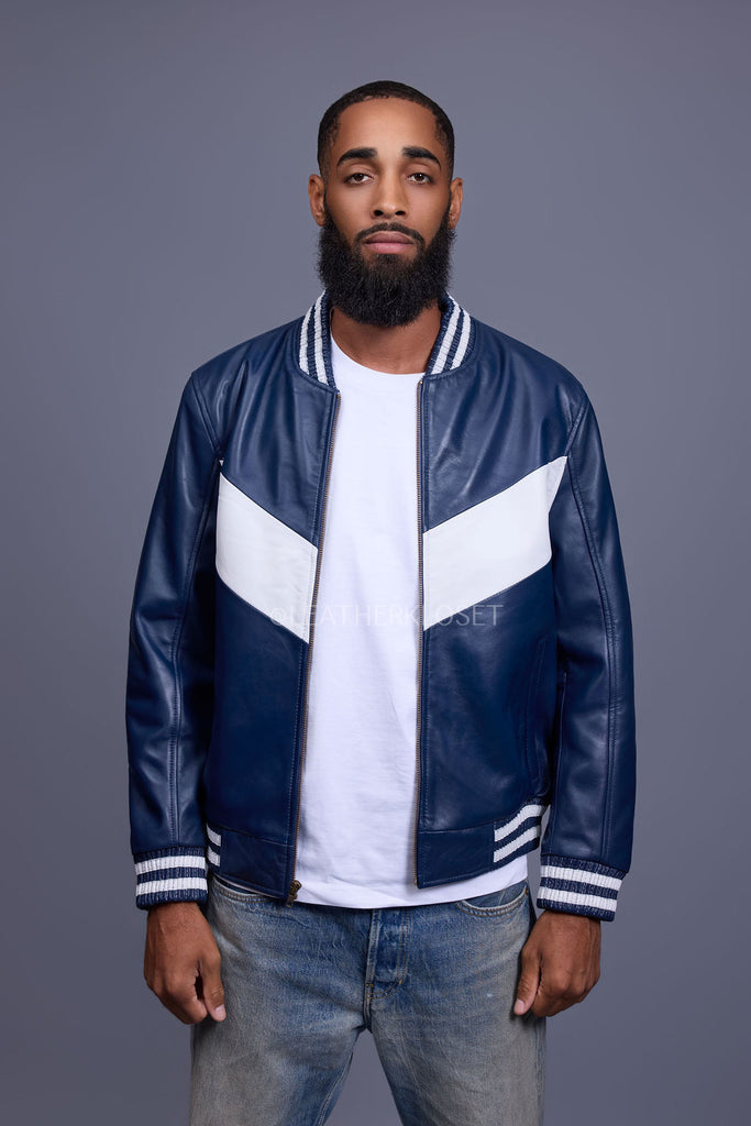 Men's V-Bomber Baseball Jacket [Navy/White] – LeatherKloset