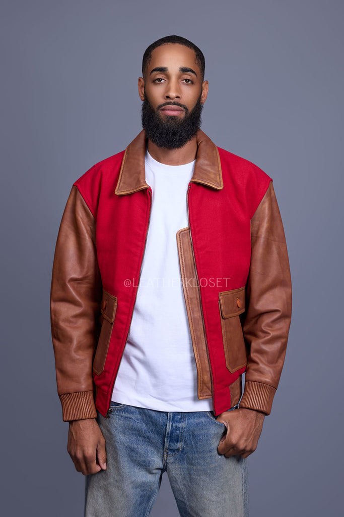 Men's Wool And Leather Pilot Jacket [Red/Caramel Crunch