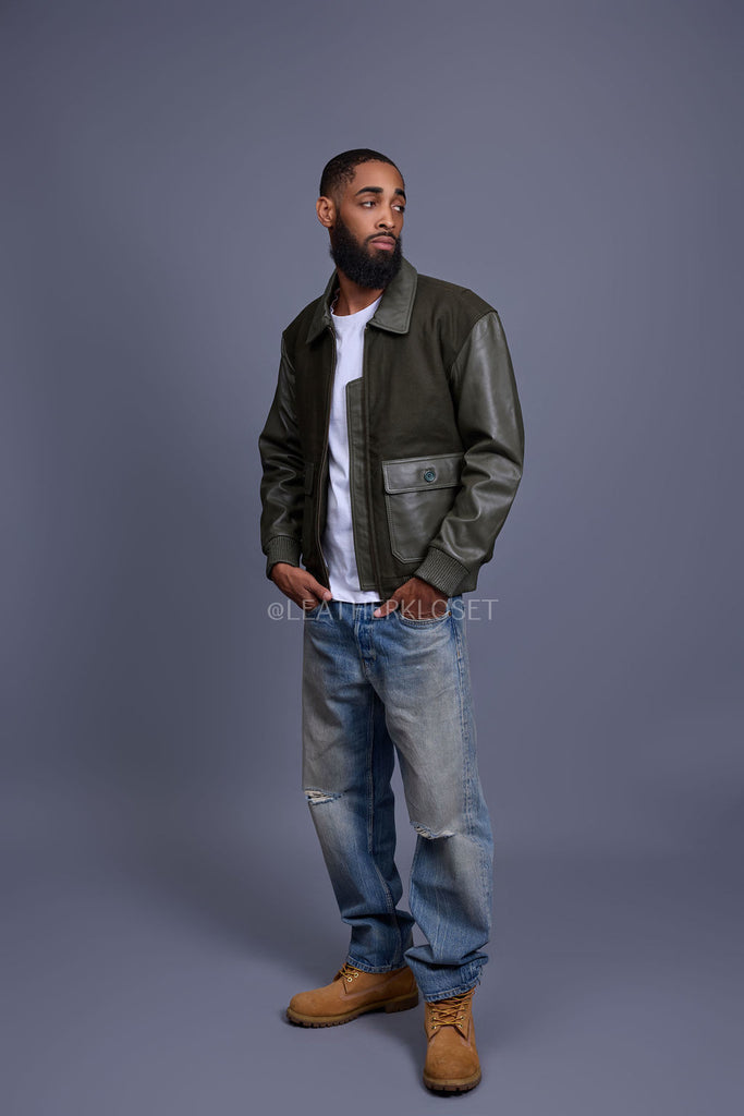 Men's Wool And Leather Pilot Jacket [Olive] – LeatherKloset