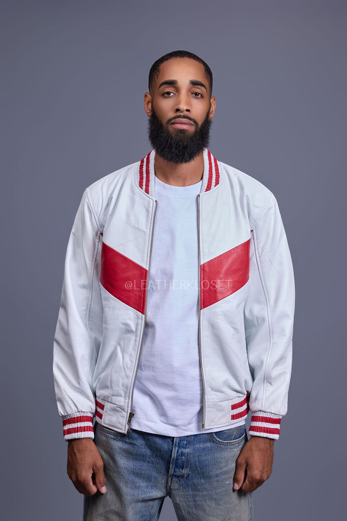Men's V-Bomber Baseball Jacket [White/Red] – LeatherKloset