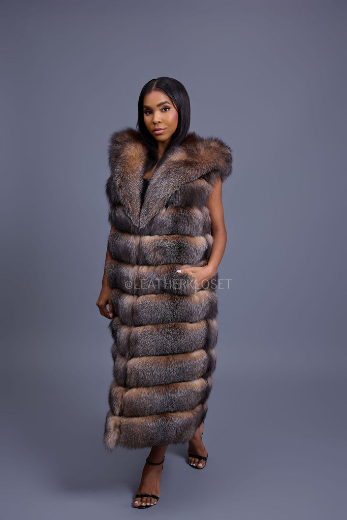 Women's Pippa Long Fox Fur Vest With Hood [Crystal] – LeatherKloset