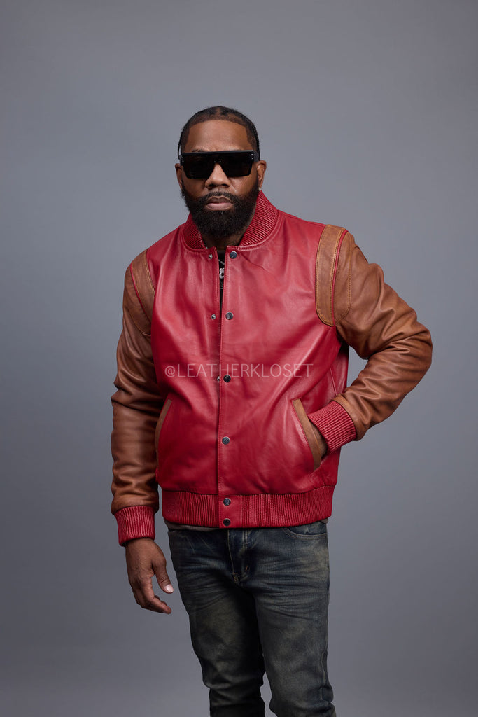 美品　グラム　glamb スタジャン　バーガンディ　レッド Men's Liam All-Leather Varsity Jacket [Red/Caramel Crunch