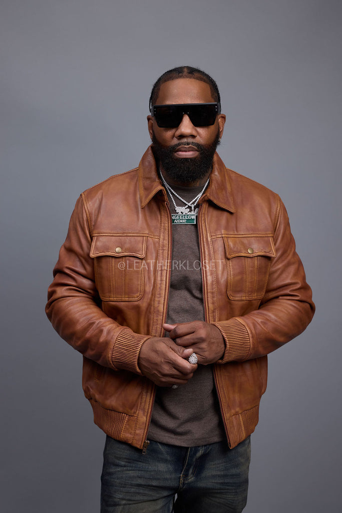 Men's Apollo Leather Fitted Bomber Jacket [Caramel Crunch