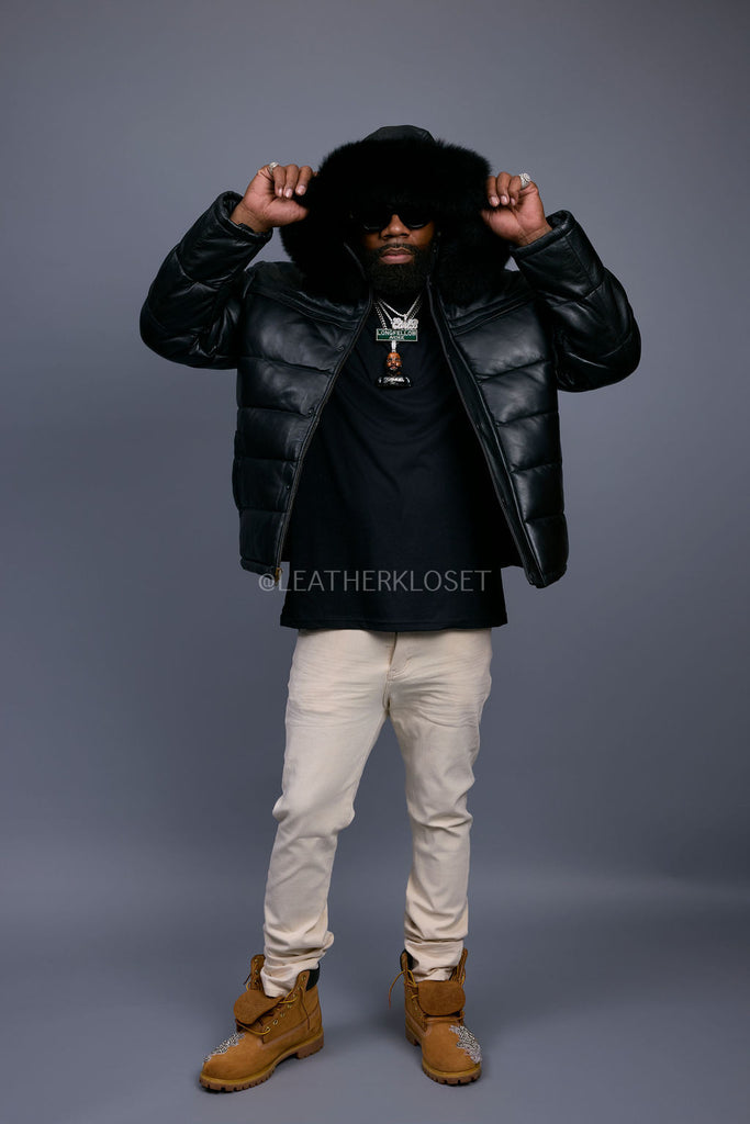 Men's Alpine Leather Bubble Bomber Jacket [Black/Black