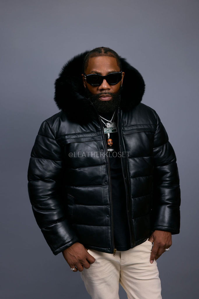 Men's Alpine Leather Bubble Bomber Jacket [Black/Black