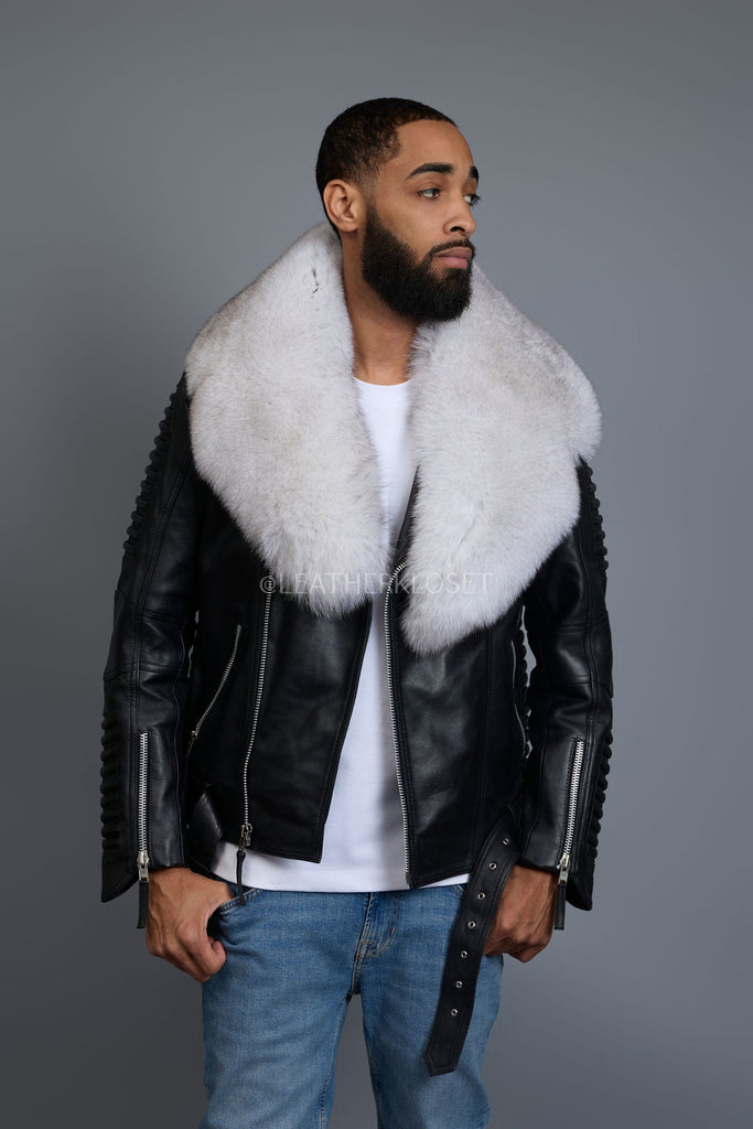 Men's Trey Biker Black Leather Full Fox Fur Collar [Natural White