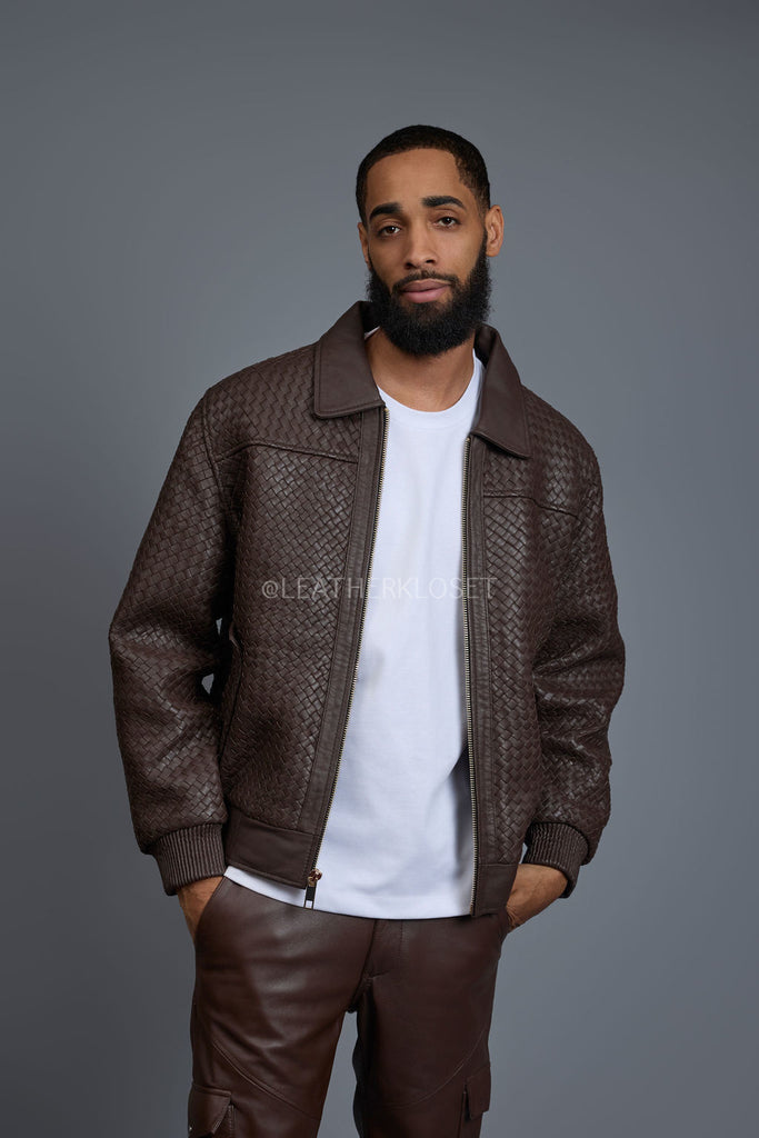 Men's Faris Braided Leather Bomber Jacket [Chocolate] L