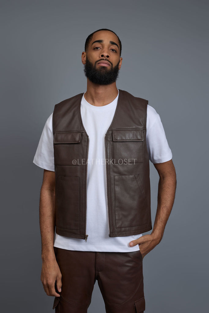 Men's Leather Brooklyn Vest Chocolate [Slim-Cut] – LeatherKloset