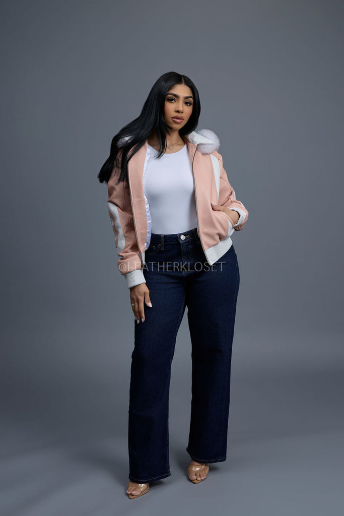 Women's 8 Ball Jacket With Premium Fox Fur Hood [Baby Pink/White