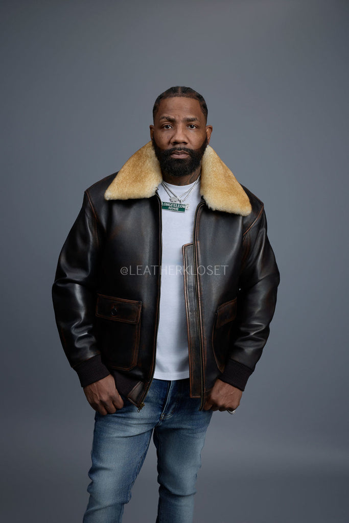 Men's Leather Pilot Aviator Bomber Jacket [Antique Brown