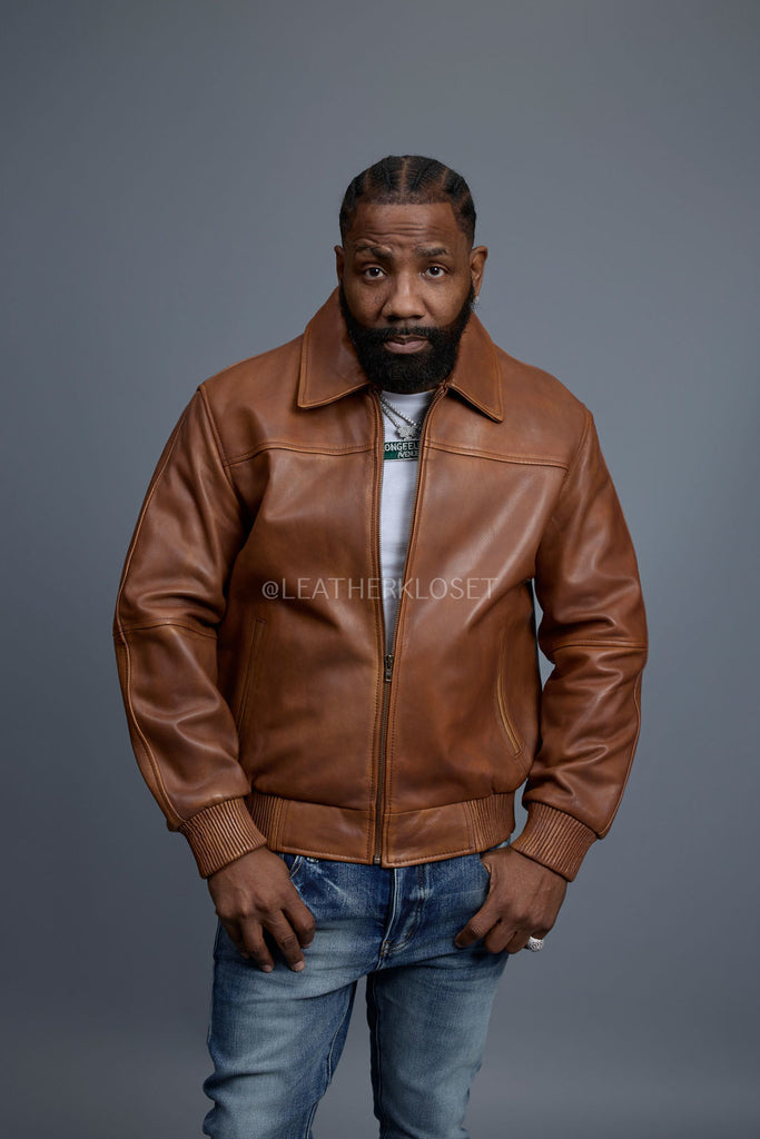 Men's Classic Baseball Leather Jacket With Collar [Caramel Crunch
