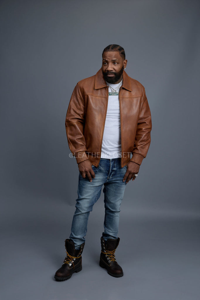 Men's Classic Baseball Leather Jacket With Collar [Caramel Crunch